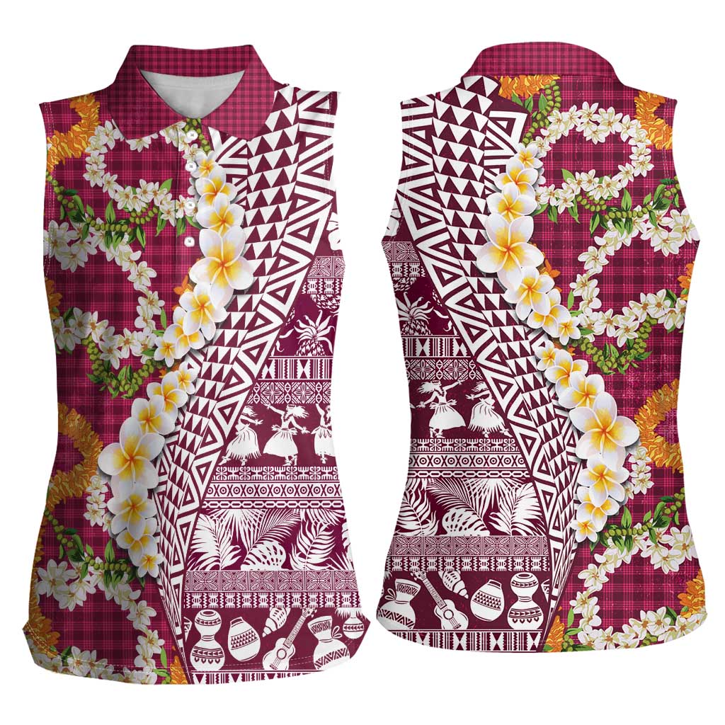 Hawaiian Plumeria Lei Women Sleeveless Polo Shirt Kakau Motifs and Palaka Half Style Pink Color LT03 - Polynesian Pride