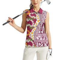 Hawaiian Plumeria Lei Women Sleeveless Polo Shirt Kakau Motifs and Palaka Half Style Pink Color LT03 - Polynesian Pride