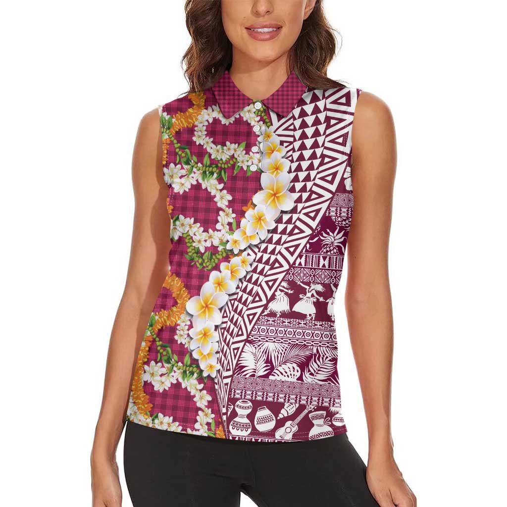 Hawaiian Plumeria Lei Women Sleeveless Polo Shirt Kakau Motifs and Palaka Half Style Pink Color LT03 - Polynesian Pride