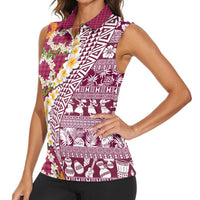 Hawaiian Plumeria Lei Women Sleeveless Polo Shirt Kakau Motifs and Palaka Half Style Pink Color LT03 - Polynesian Pride