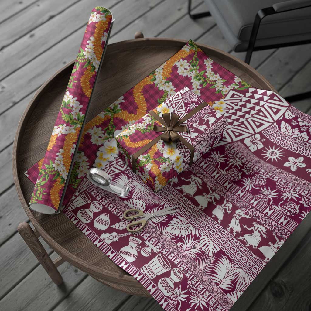 Hawaiian Plumeria Lei Wrapping Paper Kakau Motifs and Palaka Half Style Pink Color - Polynesian Pride