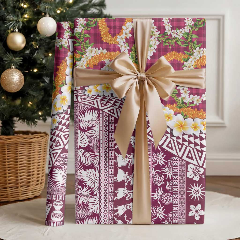 Hawaiian Plumeria Lei Wrapping Paper Kakau Motifs and Palaka Half Style Pink Color - Polynesian Pride