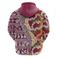 Hawaiian Plumeria Lei Zip Hoodie Kakau Motifs and Palaka Half Style Pink Color - Polynesian Pride