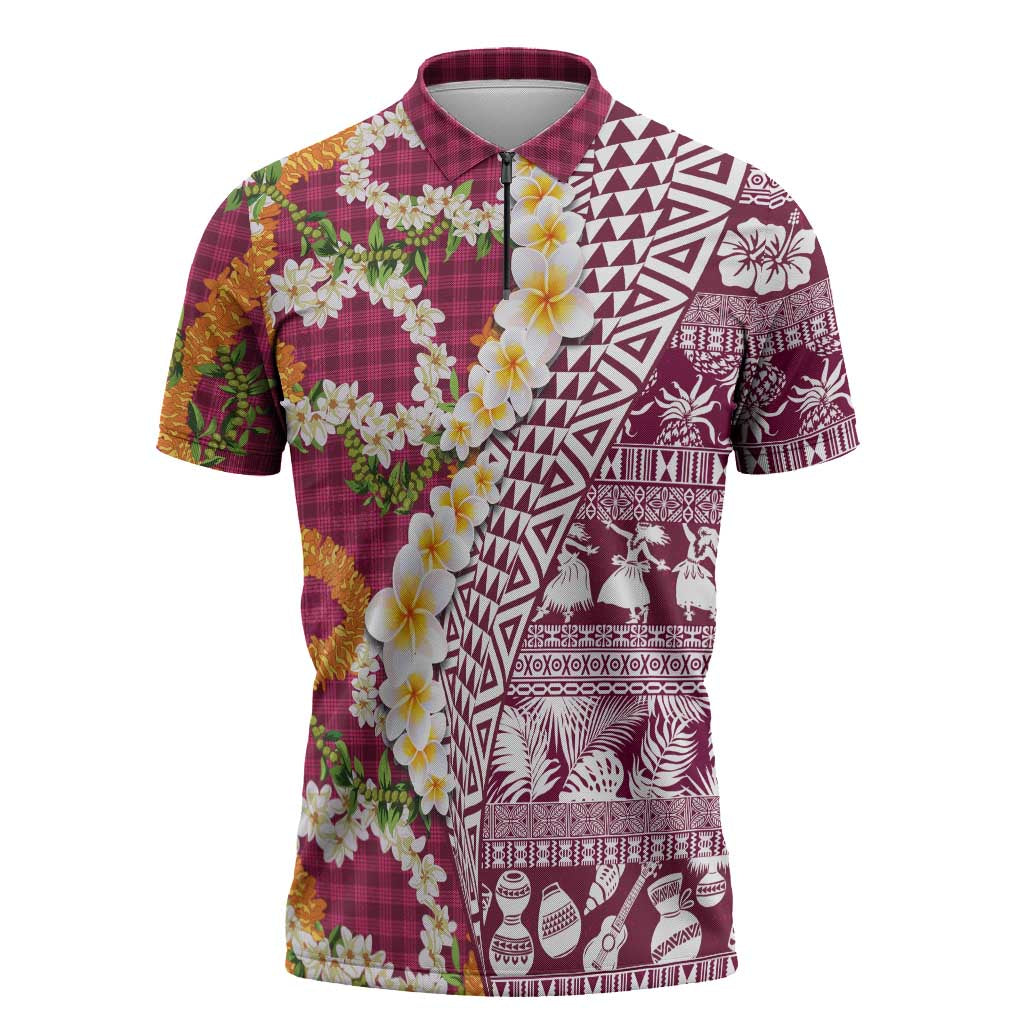 Hawaiian Plumeria Lei Zipper Polo Shirt Kakau Motifs and Palaka Half Style Pink Color LT03 Pink - Polynesian Pride