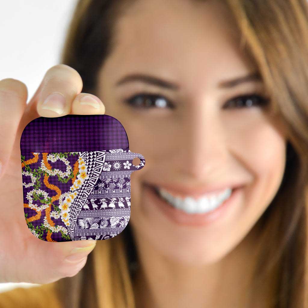 Hawaiian Plumeria Lei AirPods Case Kakau Motifs and Palaka Half Style Purple Color - Polynesian Pride