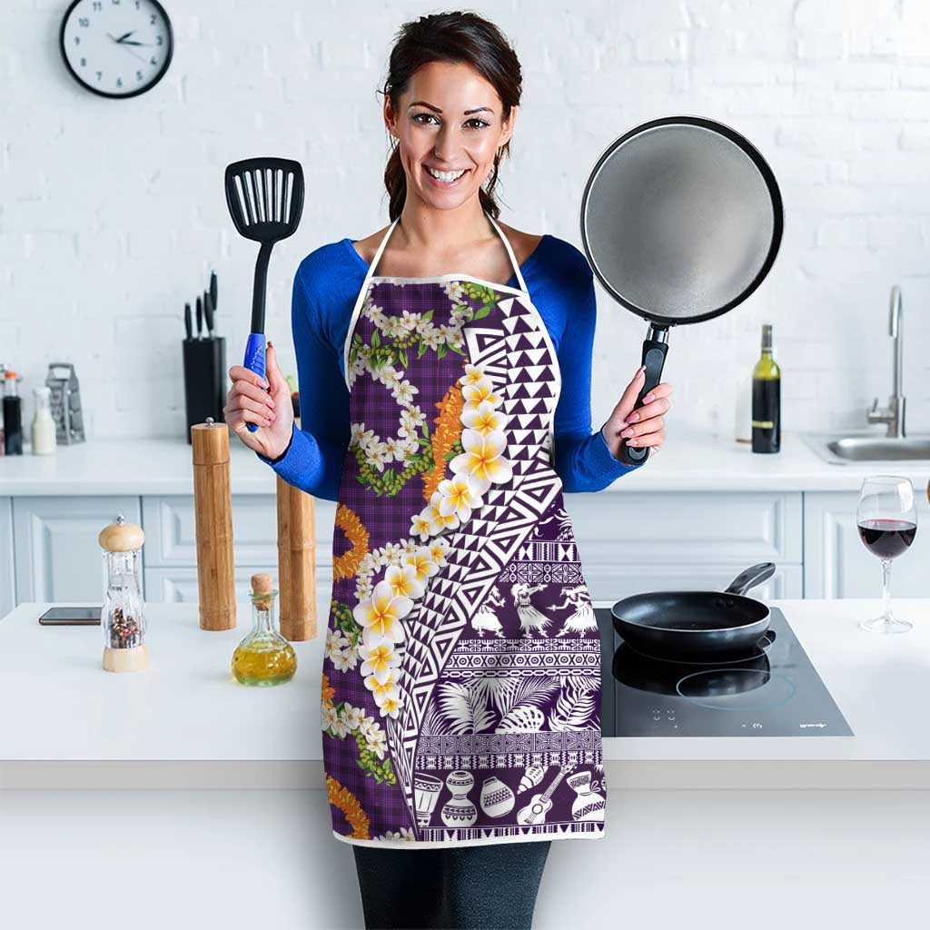 Hawaiian Plumeria Lei Apron Kakau Motifs and Palaka Half Style Purple Color - Polynesian Pride