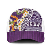 Hawaiian Plumeria Lei Baseball Net Cap Kakau Motifs and Palaka Half Style Purple Color - Polynesian Pride