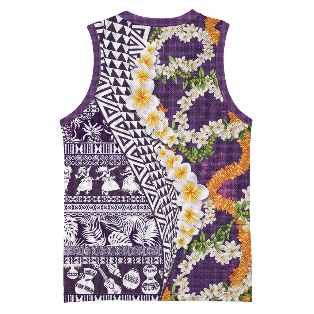 Hawaiian Plumeria Lei Basketball Jersey Kakau Motifs and Palaka Half Style Purple Color LT03 - Polynesian Pride