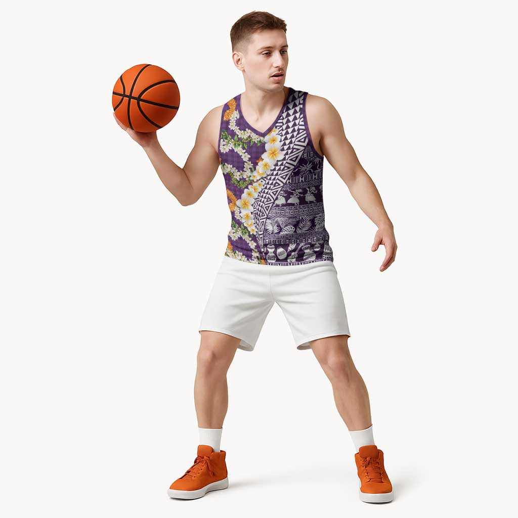 Hawaiian Plumeria Lei Basketball Jersey Kakau Motifs and Palaka Half Style Purple Color LT03 - Polynesian Pride