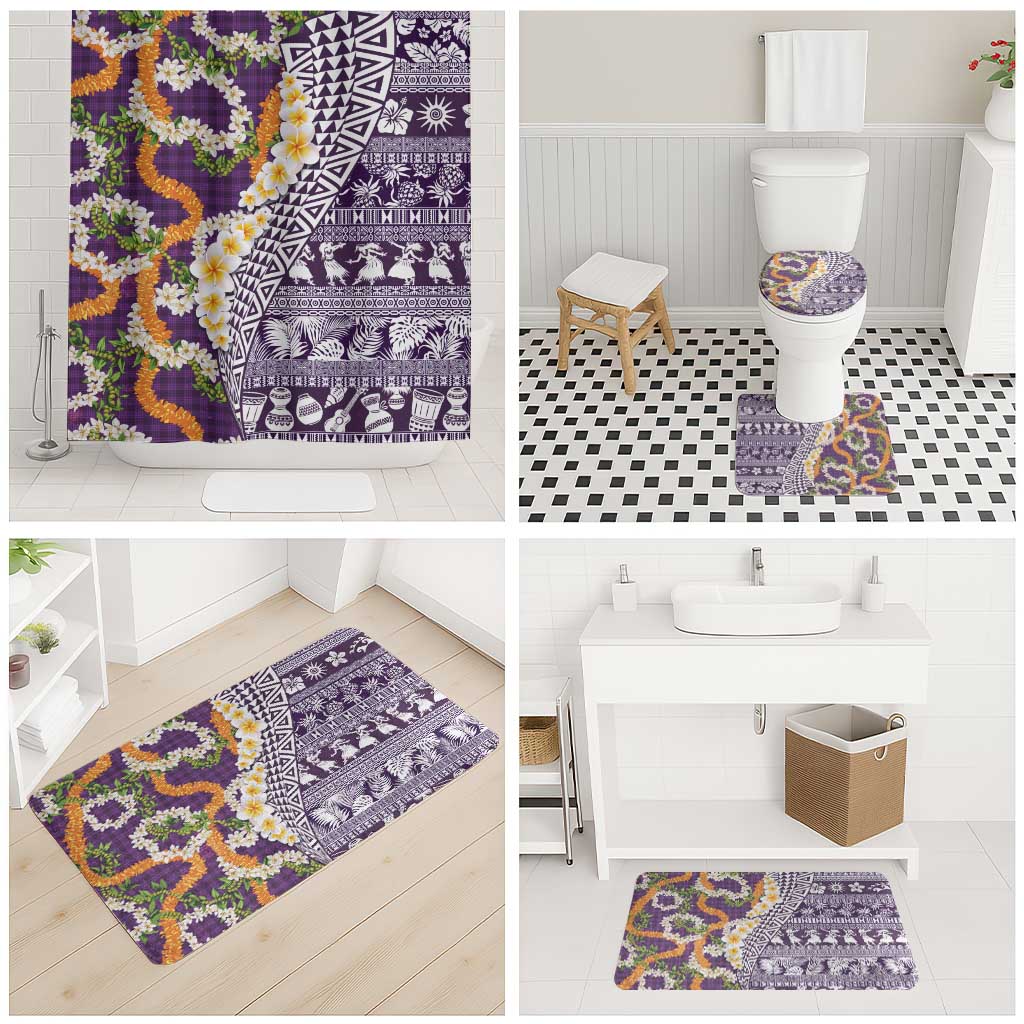 Hawaiian Plumeria Lei Bathroom Set Kakau Motifs and Palaka Half Style Purple Color - Polynesian Pride
