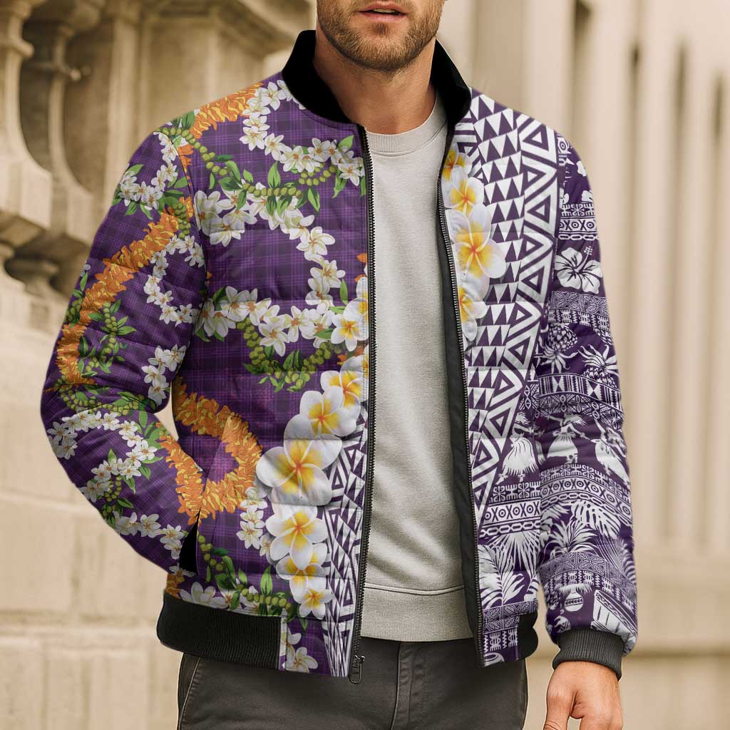 Hawaiian Plumeria Lei Bomber Puffer Jacket Kakau Motifs and Palaka Half Style Purple Color - Polynesian Pride