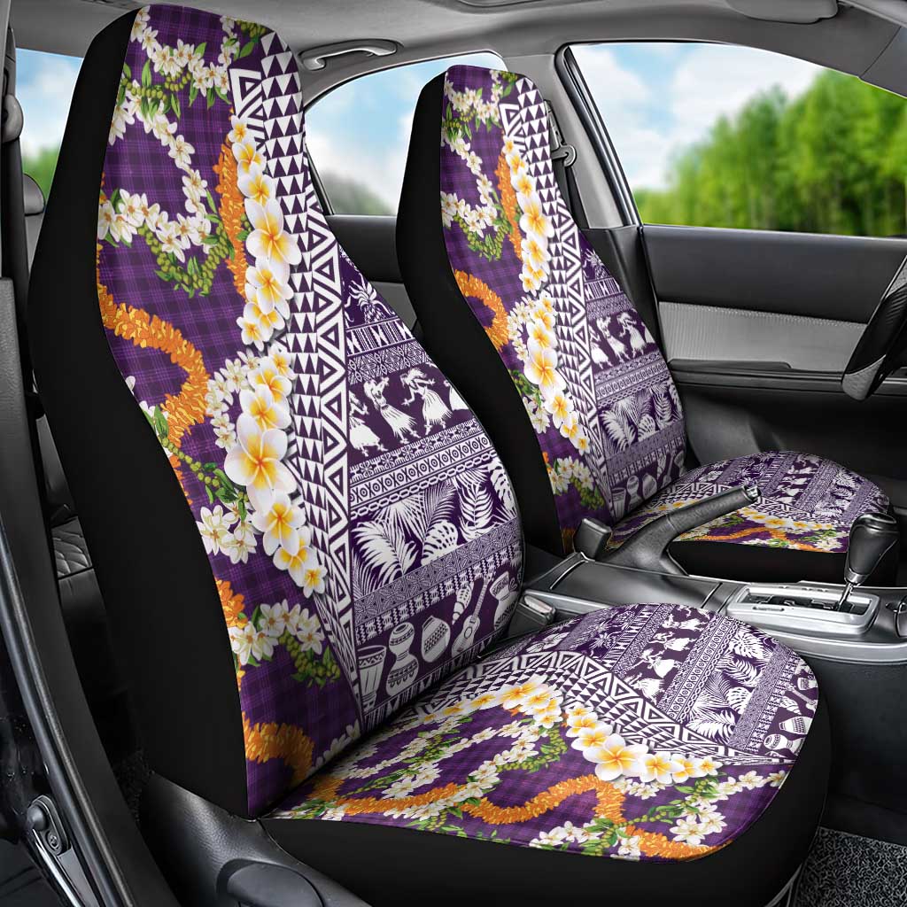 Hawaiian Plumeria Lei Car Seat Cover Kakau Motifs and Palaka Half Style Purple Color LT03 - Polynesian Pride