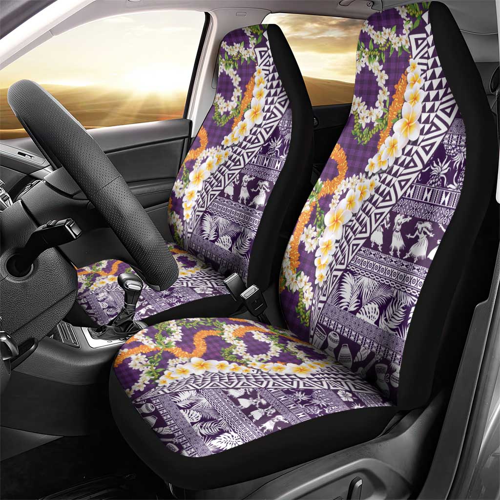 Hawaiian Plumeria Lei Car Seat Cover Kakau Motifs and Palaka Half Style Purple Color LT03 - Polynesian Pride