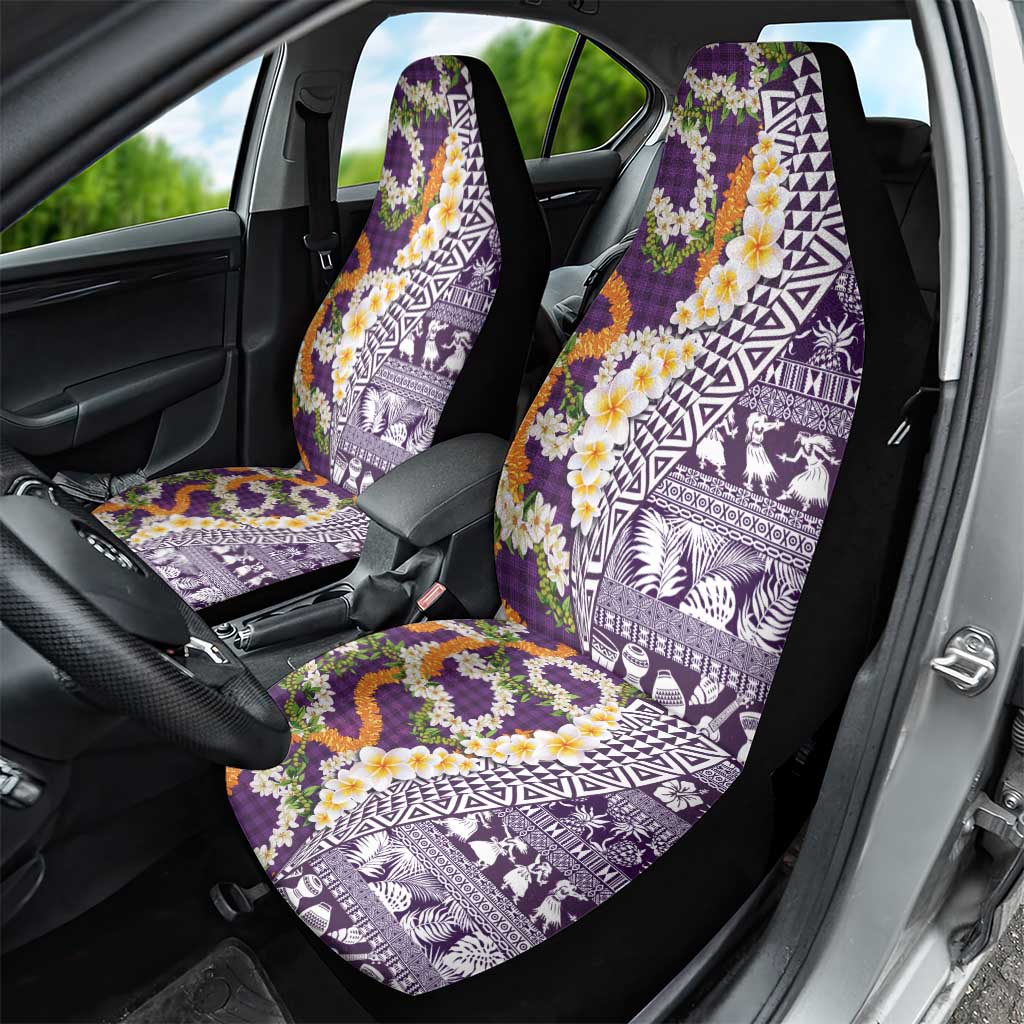 Hawaiian Plumeria Lei Car Seat Cover Kakau Motifs and Palaka Half Style Purple Color LT03 - Polynesian Pride
