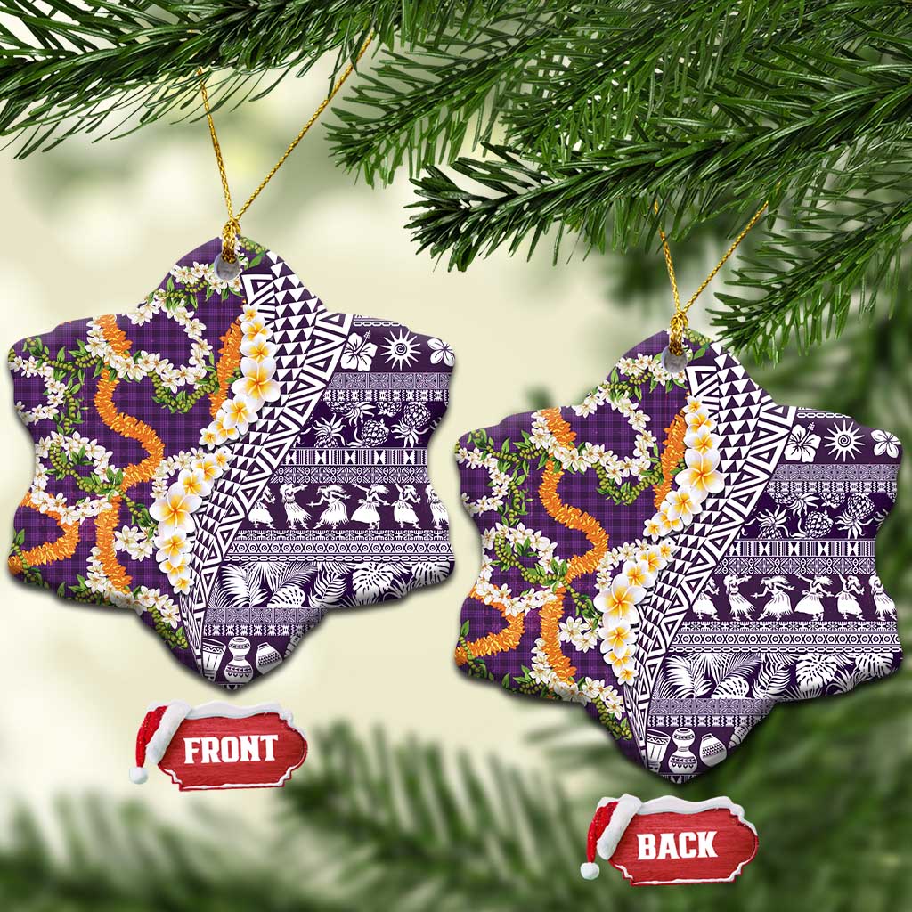 Hawaiian Plumeria Lei Ceramic Ornament Kakau Motifs and Palaka Half Style Purple Color - Polynesian Pride