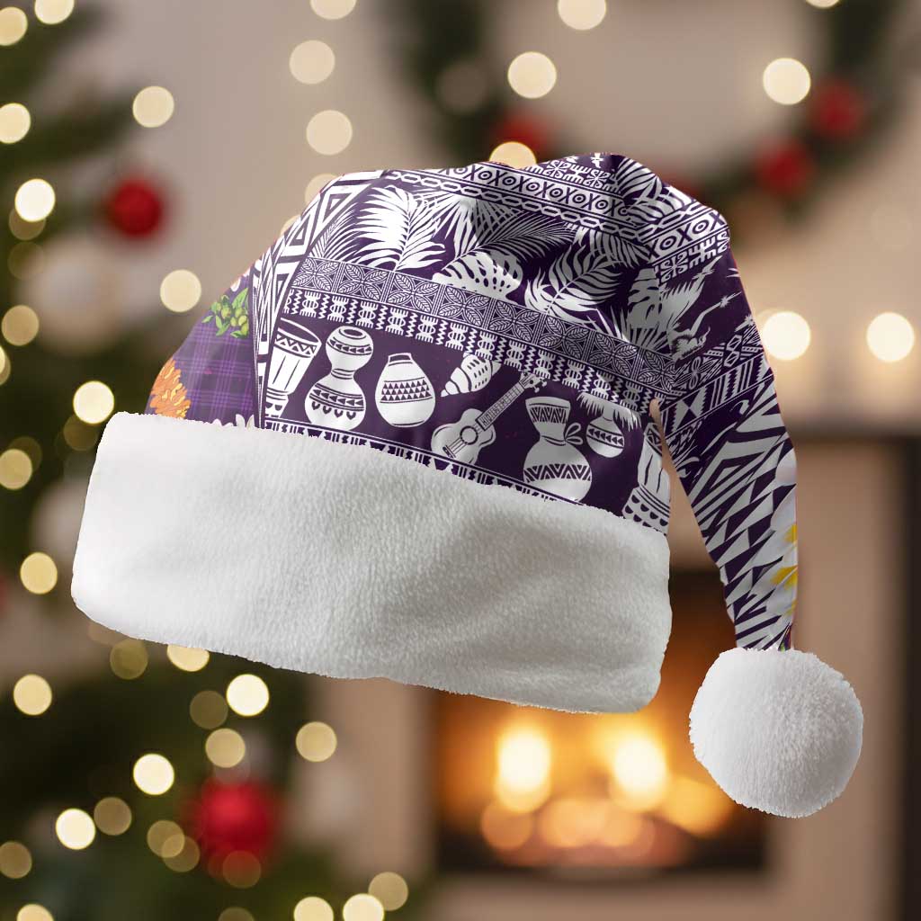 Hawaiian Plumeria Lei Christmas Santa Hat Kakau Motifs and Palaka Half Style Purple Color - Polynesian Pride