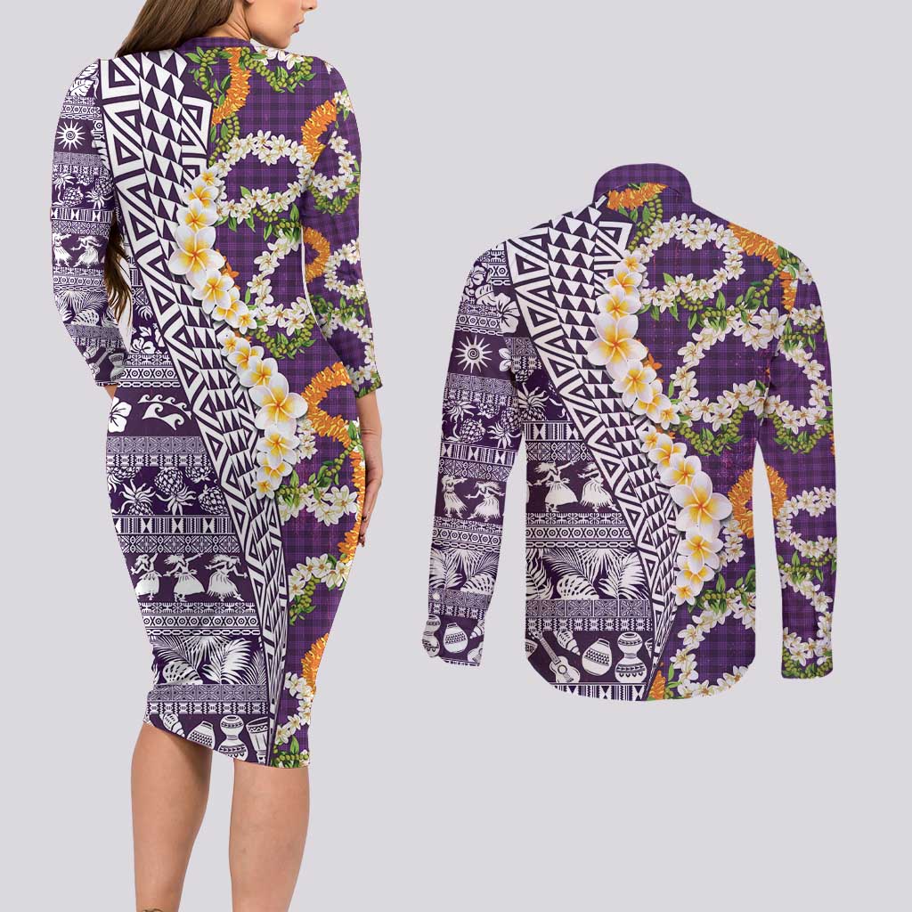 Hawaiian Plumeria Lei Couples Matching Long Sleeve Bodycon Dress and Long Sleeve Button Shirt Kakau Motifs and Palaka Half Style Purple Color LT03 - Polynesian Pride