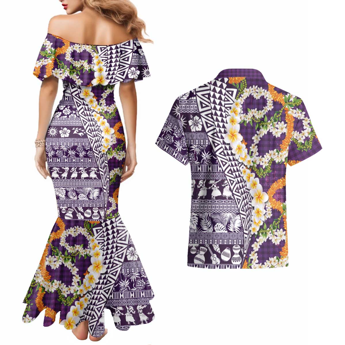 Hawaiian Plumeria Lei Couples Matching Mermaid Dress and Hawaiian Shirt Kakau Motifs and Palaka Half Style Purple Color LT03 - Polynesian Pride