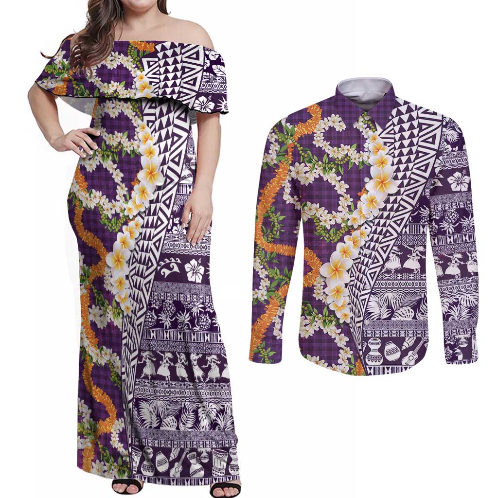 Hawaiian Plumeria Lei Couples Matching Off Shoulder Maxi Dress and Long Sleeve Button Shirt Kakau Motifs and Palaka Half Style Purple Color LT03 Purple - Polynesian Pride