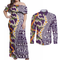 Hawaiian Plumeria Lei Couples Matching Off Shoulder Maxi Dress and Long Sleeve Button Shirt Kakau Motifs and Palaka Half Style Purple Color LT03 Purple - Polynesian Pride