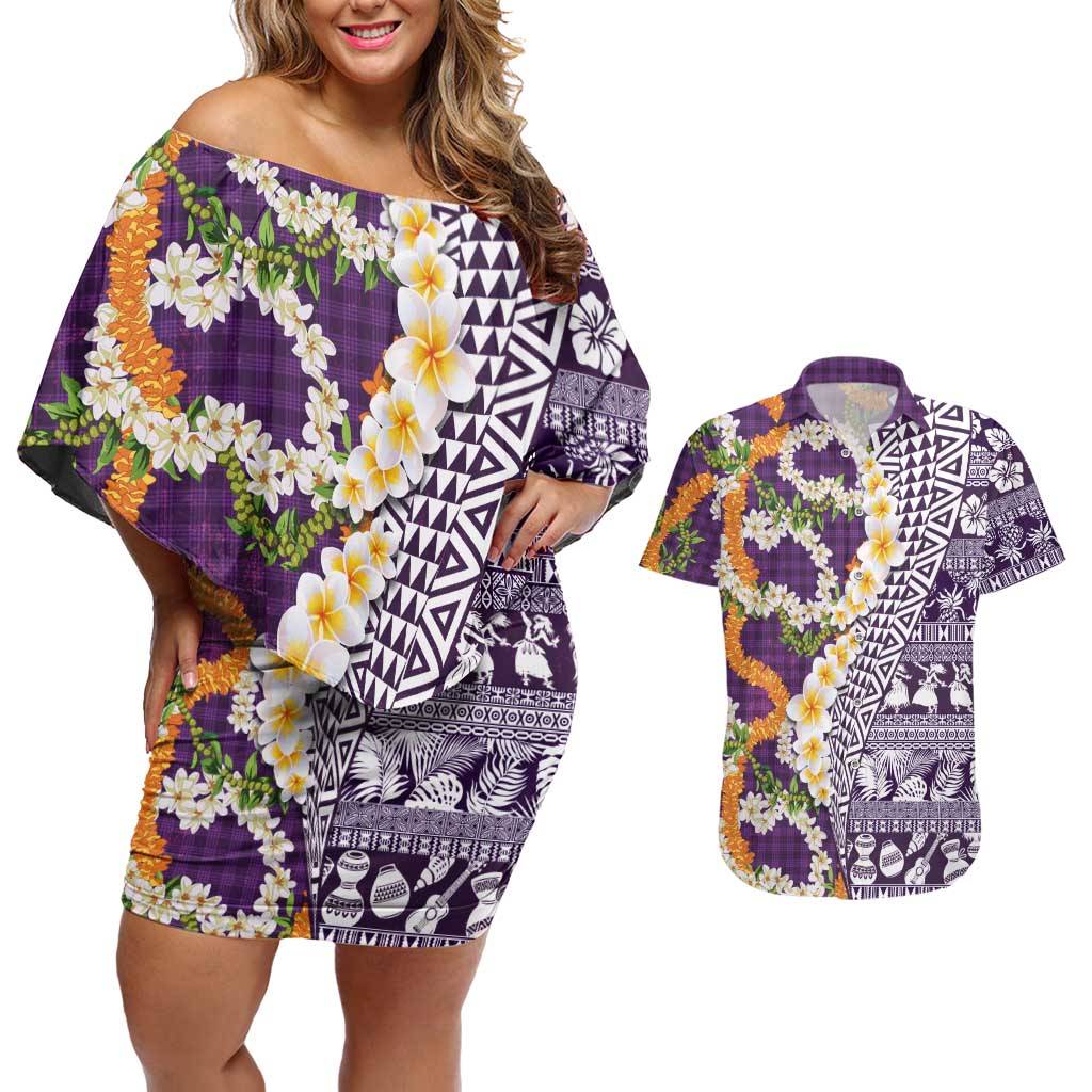 Hawaiian Plumeria Lei Couples Matching Off Shoulder Short Dress and Hawaiian Shirt Kakau Motifs and Palaka Half Style Purple Color LT03 Purple - Polynesian Pride