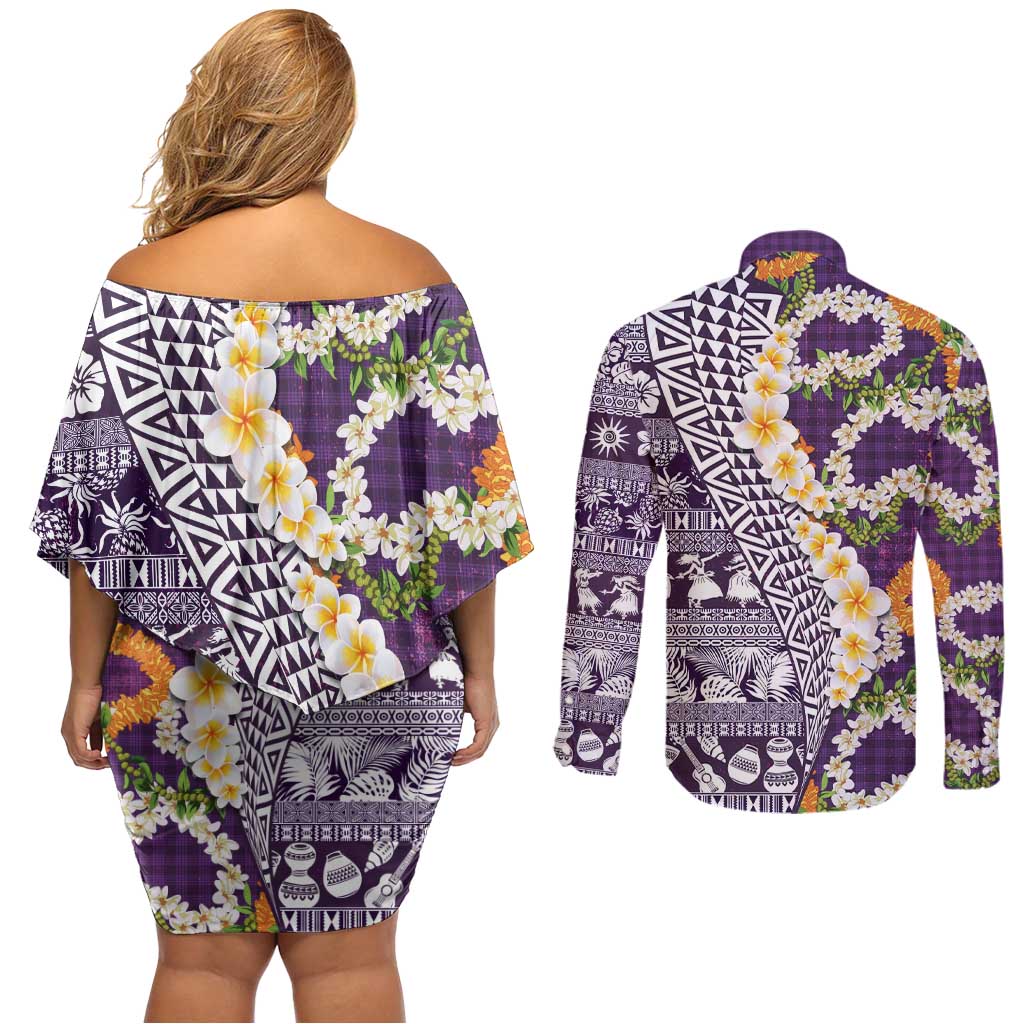 Hawaiian Plumeria Lei Couples Matching Off Shoulder Short Dress and Long Sleeve Button Shirt Kakau Motifs and Palaka Half Style Purple Color LT03 - Polynesian Pride