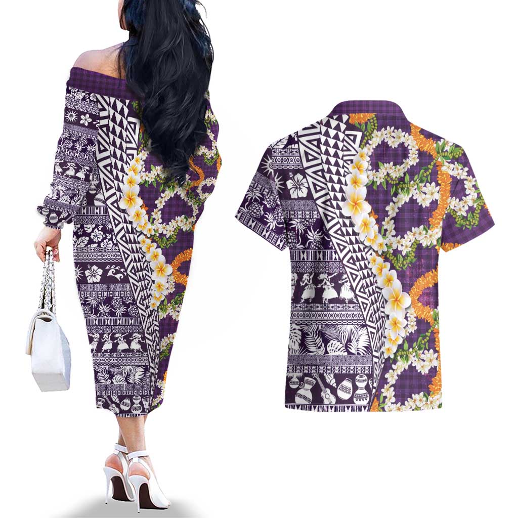 Hawaiian Plumeria Lei Couples Matching Off The Shoulder Long Sleeve Dress and Hawaiian Shirt Kakau Motifs and Palaka Half Style Purple Color LT03 - Polynesian Pride