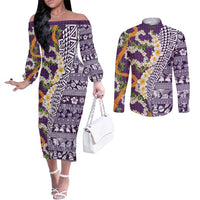 Hawaiian Plumeria Lei Couples Matching Off The Shoulder Long Sleeve Dress and Long Sleeve Button Shirt Kakau Motifs and Palaka Half Style Purple Color LT03 Purple - Polynesian Pride