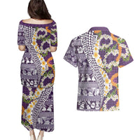 Hawaiian Plumeria Lei Couples Matching Puletasi and Hawaiian Shirt Kakau Motifs and Palaka Half Style Purple Color LT03 - Polynesian Pride