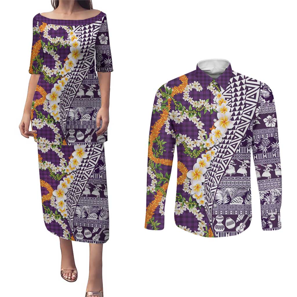 Hawaiian Plumeria Lei Couples Matching Puletasi and Long Sleeve Button Shirt Kakau Motifs and Palaka Half Style Purple Color LT03 Purple - Polynesian Pride