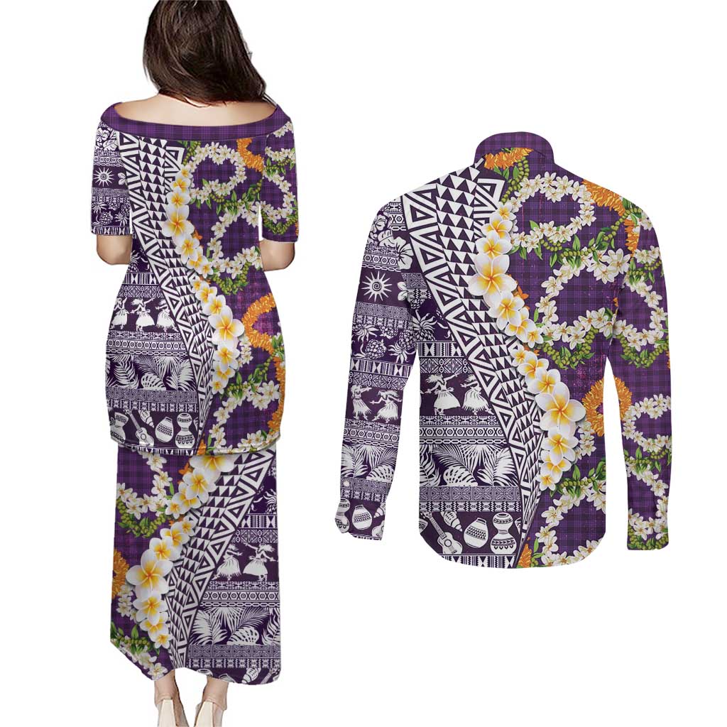 Hawaiian Plumeria Lei Couples Matching Puletasi and Long Sleeve Button Shirt Kakau Motifs and Palaka Half Style Purple Color LT03 - Polynesian Pride