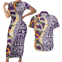 Hawaiian Plumeria Lei Couples Matching Short Sleeve Bodycon Dress and Hawaiian Shirt Kakau Motifs and Palaka Half Style Purple Color LT03 Purple - Polynesian Pride