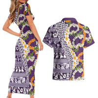 Hawaiian Plumeria Lei Couples Matching Short Sleeve Bodycon Dress and Hawaiian Shirt Kakau Motifs and Palaka Half Style Purple Color LT03 - Polynesian Pride