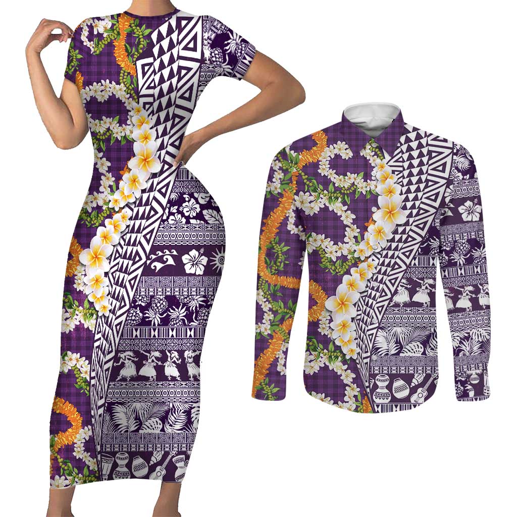 Hawaiian Plumeria Lei Couples Matching Short Sleeve Bodycon Dress and Long Sleeve Button Shirt Kakau Motifs and Palaka Half Style Purple Color LT03 Purple - Polynesian Pride