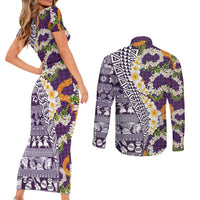Hawaiian Plumeria Lei Couples Matching Short Sleeve Bodycon Dress and Long Sleeve Button Shirt Kakau Motifs and Palaka Half Style Purple Color LT03 - Polynesian Pride