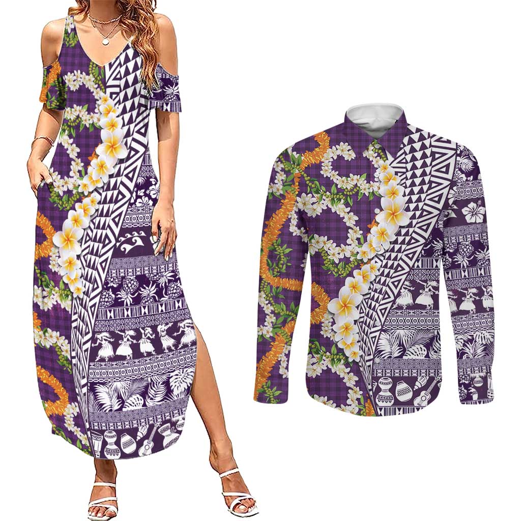 Hawaiian Plumeria Lei Couples Matching Summer Maxi Dress and Long Sleeve Button Shirt Kakau Motifs and Palaka Half Style Purple Color LT03 Purple - Polynesian Pride