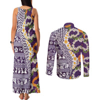 Hawaiian Plumeria Lei Couples Matching Tank Maxi Dress and Long Sleeve Button Shirt Kakau Motifs and Palaka Half Style Purple Color LT03 - Polynesian Pride