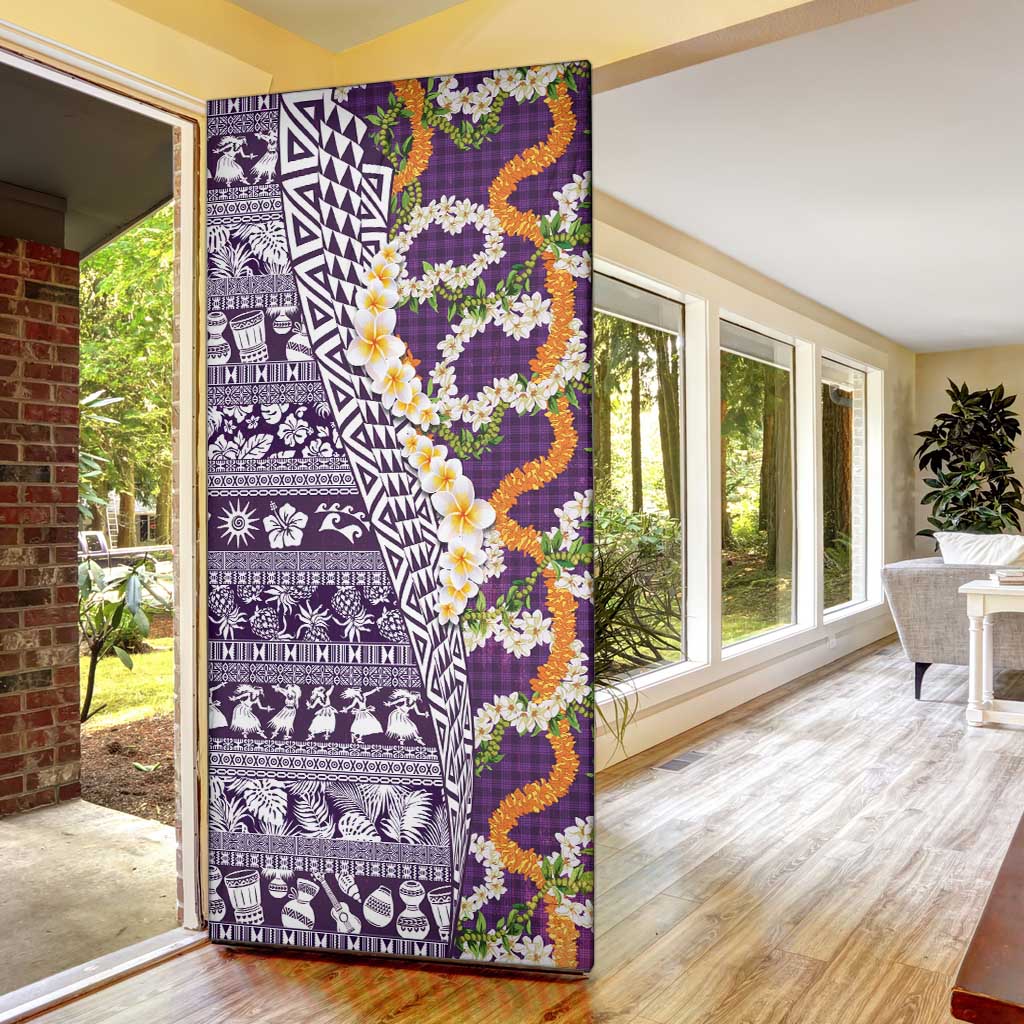 Hawaiian Plumeria Lei Door Cover Kakau Motifs and Palaka Half Style Purple Color LT03 - Polynesian Pride