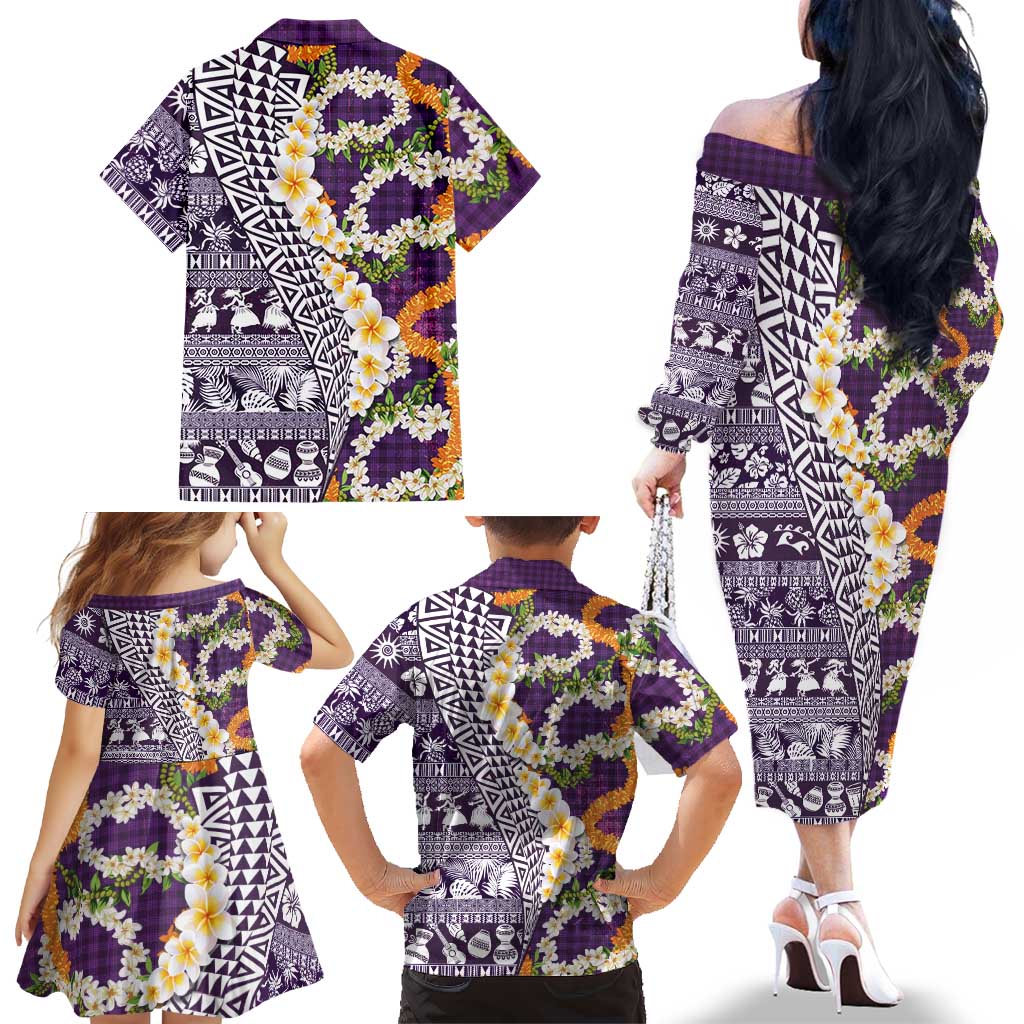 Hawaiian Plumeria Lei Family Matching Off The Shoulder Long Sleeve Dress and Hawaiian Shirt Kakau Motifs and Palaka Half Style Purple Color LT03 - Polynesian Pride