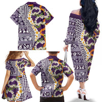 Hawaiian Plumeria Lei Family Matching Off The Shoulder Long Sleeve Dress and Hawaiian Shirt Kakau Motifs and Palaka Half Style Purple Color LT03 - Polynesian Pride