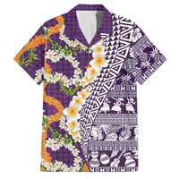 Hawaiian Plumeria Lei Family Matching Off The Shoulder Long Sleeve Dress and Hawaiian Shirt Kakau Motifs and Palaka Half Style Purple Color LT03 Dad's Shirt - Short Sleeve Purple - Polynesian Pride