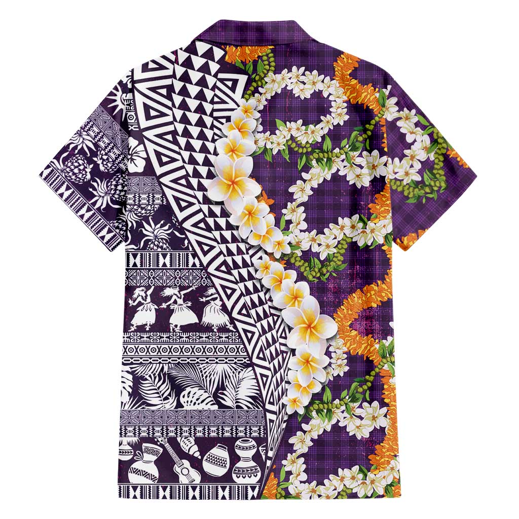 Hawaiian Plumeria Lei Family Matching Off The Shoulder Long Sleeve Dress and Hawaiian Shirt Kakau Motifs and Palaka Half Style Purple Color LT03 - Polynesian Pride
