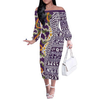 Hawaiian Plumeria Lei Family Matching Off The Shoulder Long Sleeve Dress and Hawaiian Shirt Kakau Motifs and Palaka Half Style Purple Color LT03 Mom's Dress Purple - Polynesian Pride