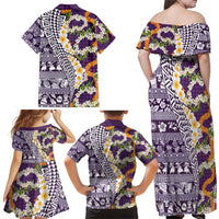 Hawaiian Plumeria Lei Family Matching Off Shoulder Maxi Dress and Hawaiian Shirt Kakau Motifs and Palaka Half Style Purple Color LT03 - Polynesian Pride