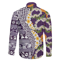 Hawaiian Plumeria Lei Family Matching Off Shoulder Maxi Dress and Hawaiian Shirt Kakau Motifs and Palaka Half Style Purple Color LT03 - Polynesian Pride