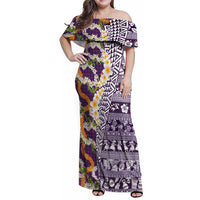 Hawaiian Plumeria Lei Family Matching Off Shoulder Maxi Dress and Hawaiian Shirt Kakau Motifs and Palaka Half Style Purple Color LT03 Mom's Dress Purple - Polynesian Pride