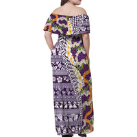 Hawaiian Plumeria Lei Family Matching Off Shoulder Maxi Dress and Hawaiian Shirt Kakau Motifs and Palaka Half Style Purple Color LT03 - Polynesian Pride