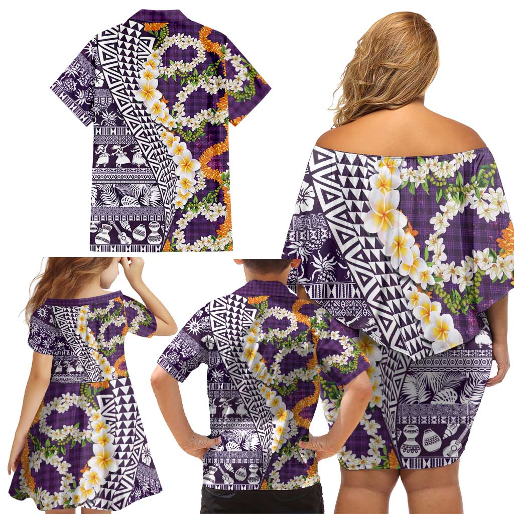 Hawaiian Plumeria Lei Family Matching Off Shoulder Short Dress and Hawaiian Shirt Kakau Motifs and Palaka Half Style Purple Color LT03 - Polynesian Pride