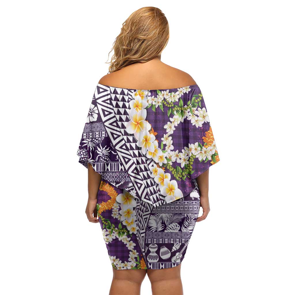 Hawaiian Plumeria Lei Family Matching Off Shoulder Short Dress and Hawaiian Shirt Kakau Motifs and Palaka Half Style Purple Color LT03 - Polynesian Pride