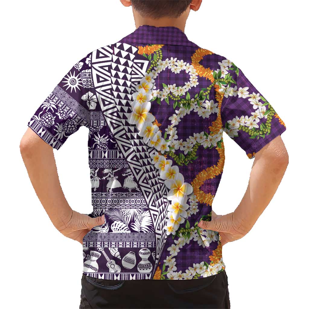 Hawaiian Plumeria Lei Family Matching Puletasi and Hawaiian Shirt Kakau Motifs and Palaka Half Style Purple Color LT03 - Polynesian Pride